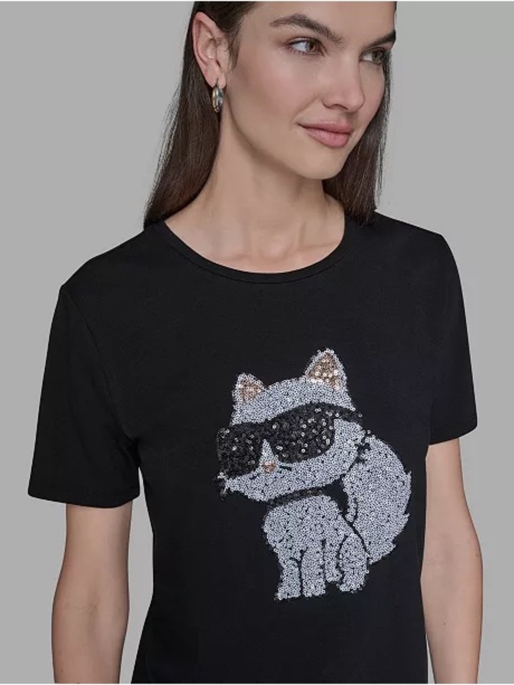 Karl LAGERFELD Large Sequin Cat Graphic Pet Tee - Black & White